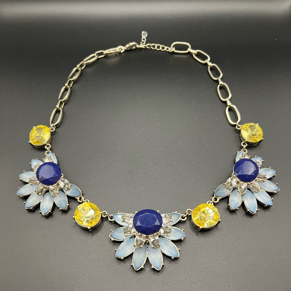 Loft Statement Necklace Flowers in Blue and Yellow Crystals Silver Tone Spring